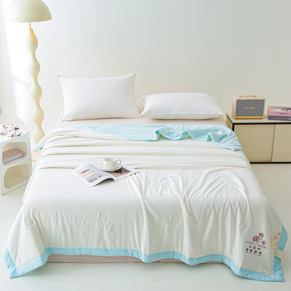 91家纺网 家纺一手货源 找家纺 美之润家纺 2026新款纯色棉花夏被 夏屿-奶白蓝