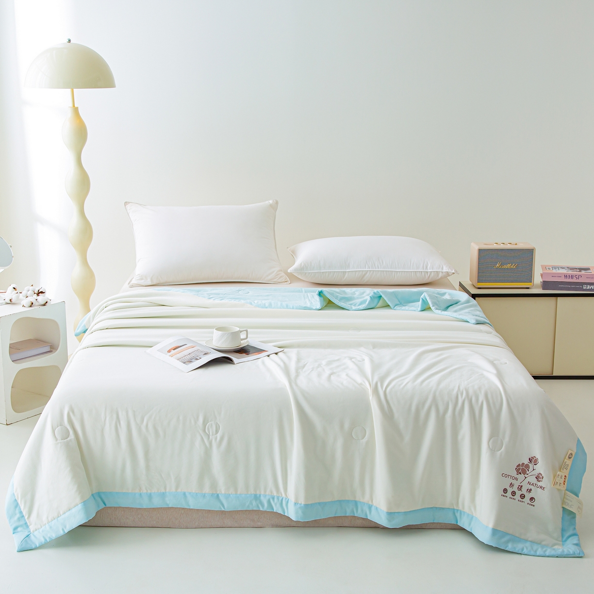 91家纺网 家纺一手货源 找家纺 美之润家纺 2026新款纯色棉花夏被 夏屿-奶白蓝