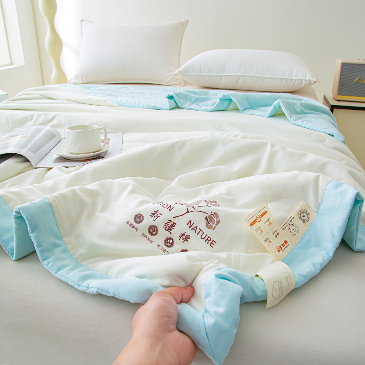 91家纺网 家纺一手货源 找家纺 美之润家纺 2026新款纯色棉花夏被 夏屿-奶白蓝
