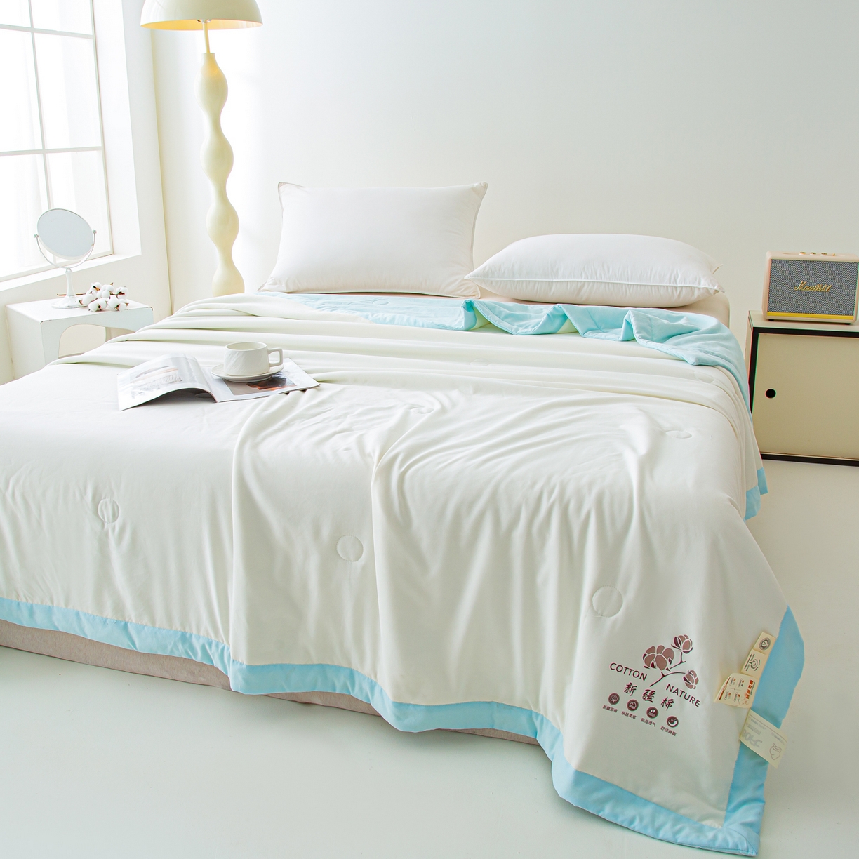 91家纺网 家纺一手货源 找家纺 美之润家纺 2026新款纯色棉花夏被 夏屿-奶白蓝