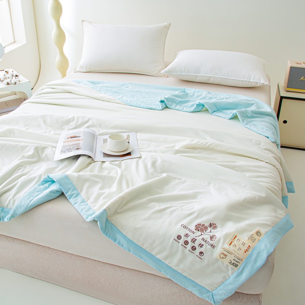 91家纺网 家纺一手货源 找家纺 美之润家纺 2026新款纯色棉花夏被 夏屿-奶白蓝