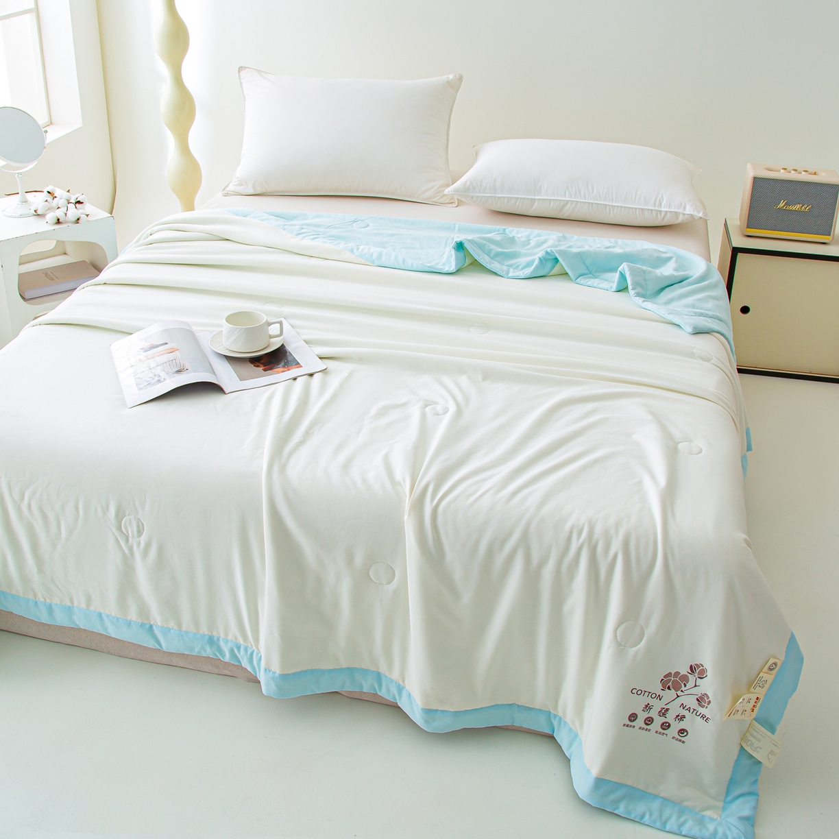 91家纺网 家纺一手货源 找家纺 美之润家纺 2026新款纯色棉花夏被 夏屿-奶白蓝