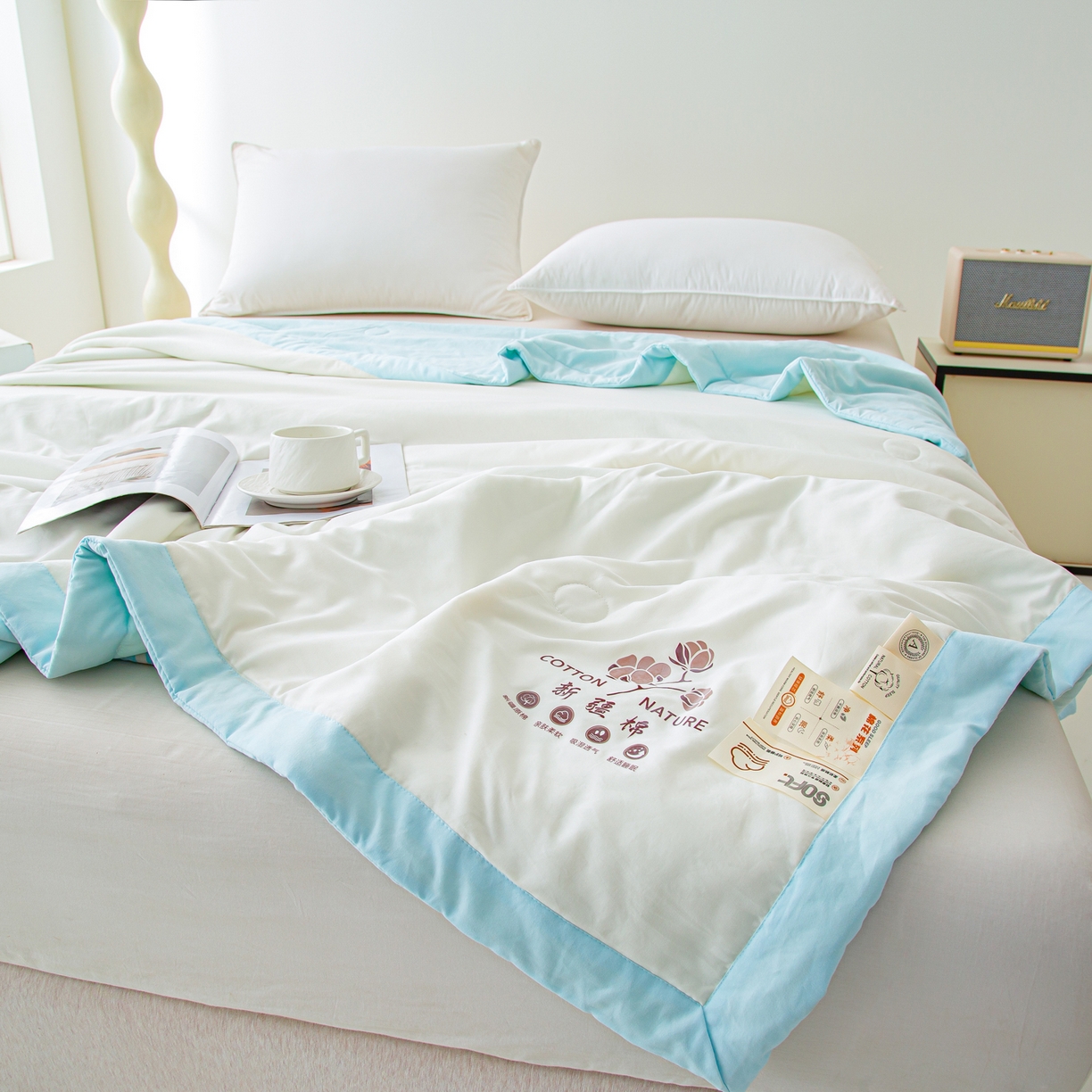 91家纺网 家纺一手货源 找家纺 美之润家纺 2026新款纯色棉花夏被 夏屿-奶白蓝