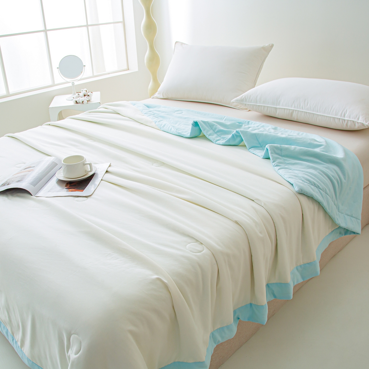 91家纺网 家纺一手货源 找家纺 美之润家纺 2026新款纯色棉花夏被 夏屿-奶白蓝