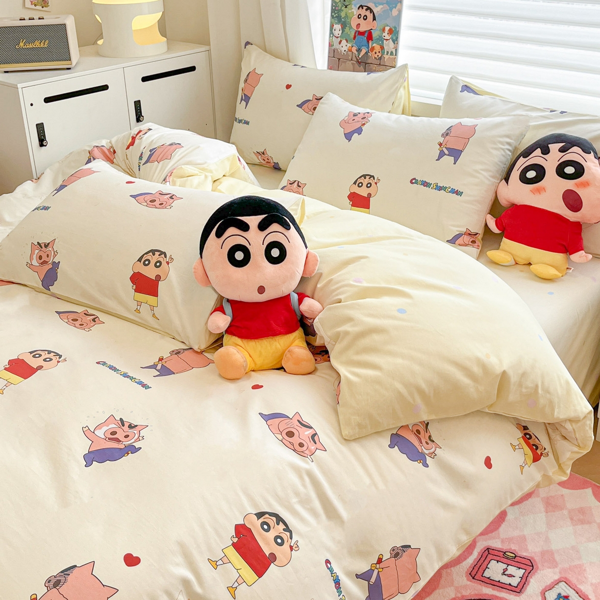 91家纺网 家纺一手货源 找家纺 暮思家居 2026春夏新款正版授权蜡笔小新全棉纯棉四件套系列 调皮小新