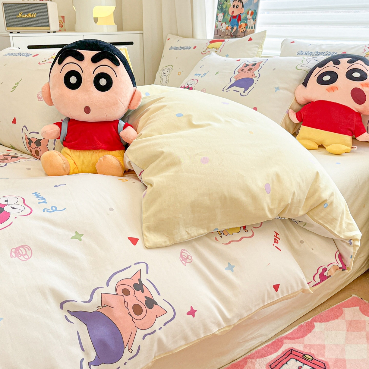 91家纺网 家纺一手货源 找家纺 暮思家居 2026春夏新款正版授权蜡笔小新全棉纯棉四件套系列 可爱小新