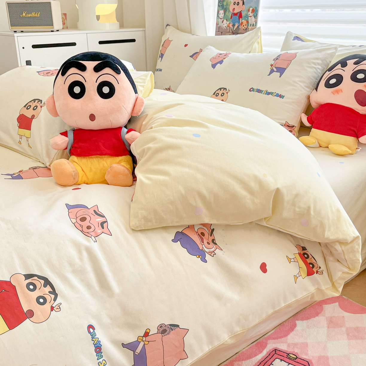 91家纺网 家纺一手货源 找家纺 暮思家居 2026春夏新款正版授权蜡笔小新全棉纯棉四件套系列 调皮小新