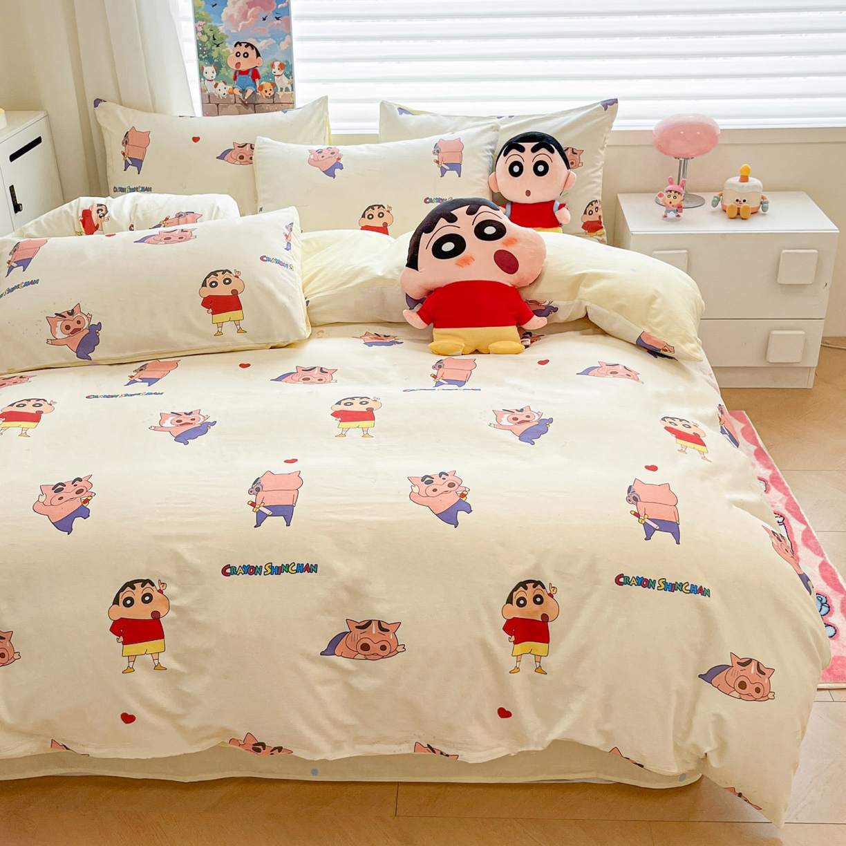 91家纺网 家纺一手货源 找家纺 暮思家居 2026春夏新款正版授权蜡笔小新全棉纯棉四件套系列 调皮小新