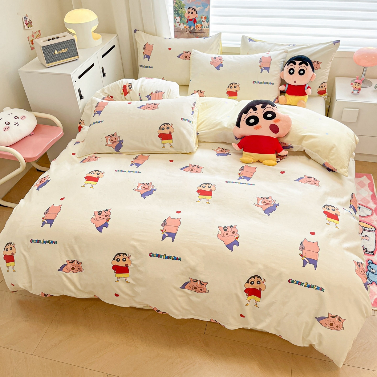 91家纺网 家纺一手货源 找家纺 暮思家居 2026春夏新款正版授权蜡笔小新全棉纯棉四件套系列 调皮小新