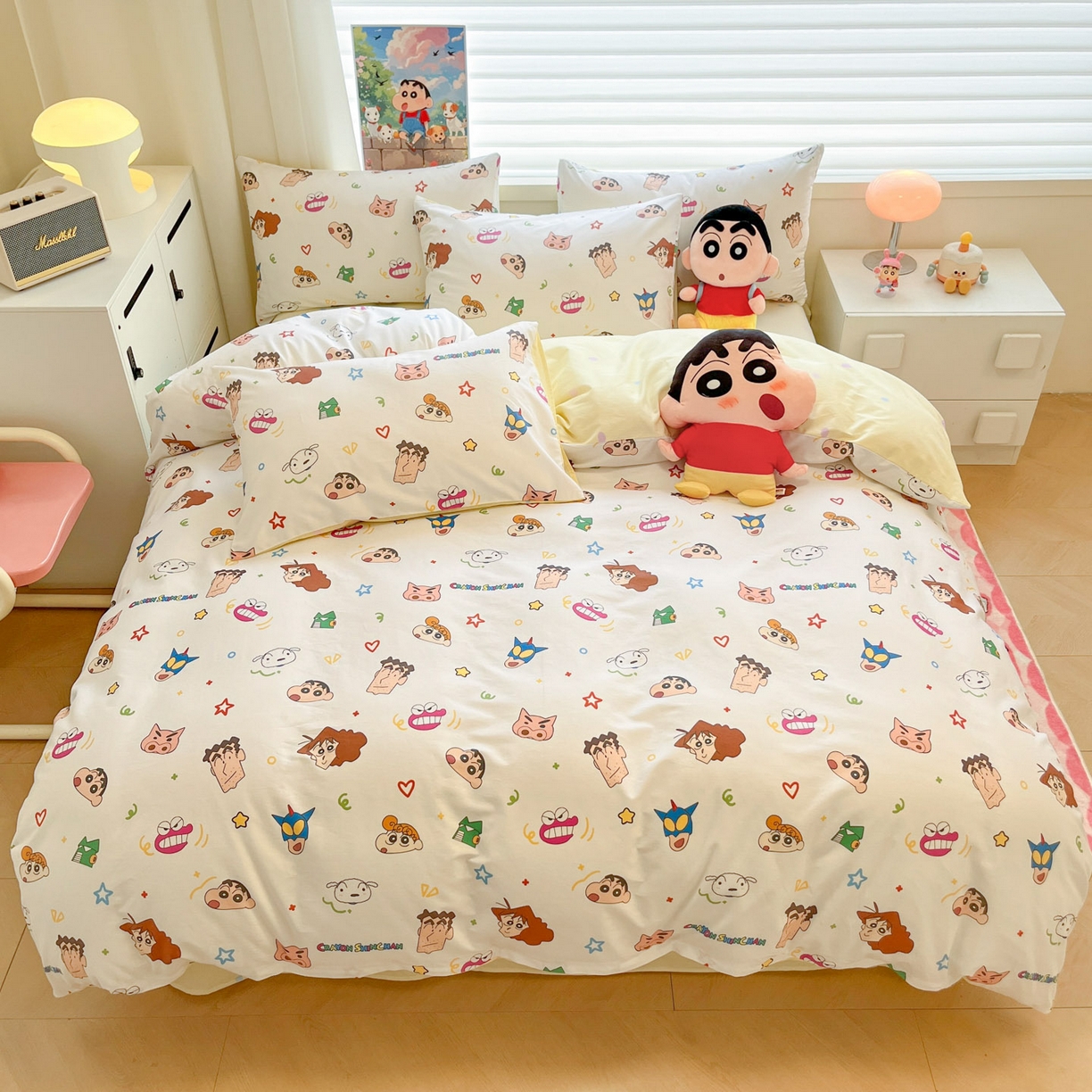 91家纺网 家纺一手货源 找家纺 暮思家居 2026春夏新款正版授权蜡笔小新全棉纯棉四件套系列 幸运小新