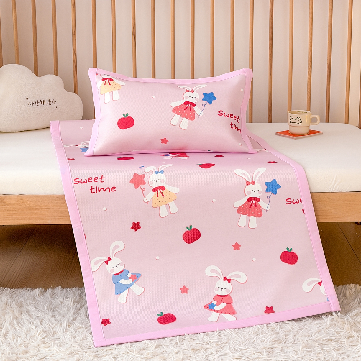 嗨生活 2026新款600D冰丝凉席儿童婴儿床凉席幼儿园凉席拼床凉席席子 粉红小兔
