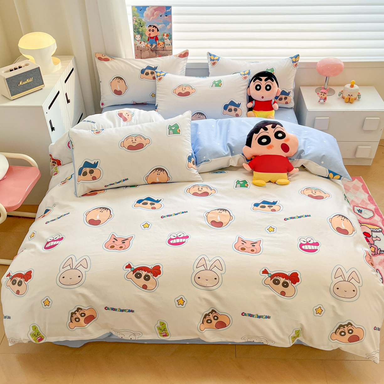 91家纺网 家纺一手货源 找家纺 暮思家居 2026春夏新款正版授权蜡笔小新全棉纯棉四件套系列 趣味小新