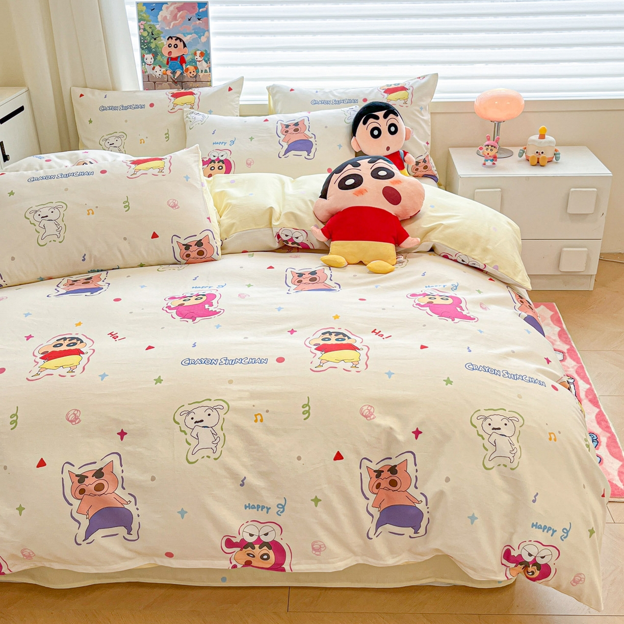 91家纺网 家纺一手货源 找家纺 暮思家居 2026春夏新款正版授权蜡笔小新全棉纯棉四件套系列 可爱小新