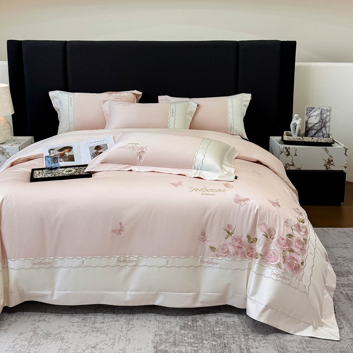 91家纺网 家纺一手货源 找家纺 2026爆款新品A类50S双股长绒棉纯棉四件套100全棉重工花卉刺绣被套床单床笠小清新床上用品溪畔玫瑰 溪畔玫瑰-颜粉