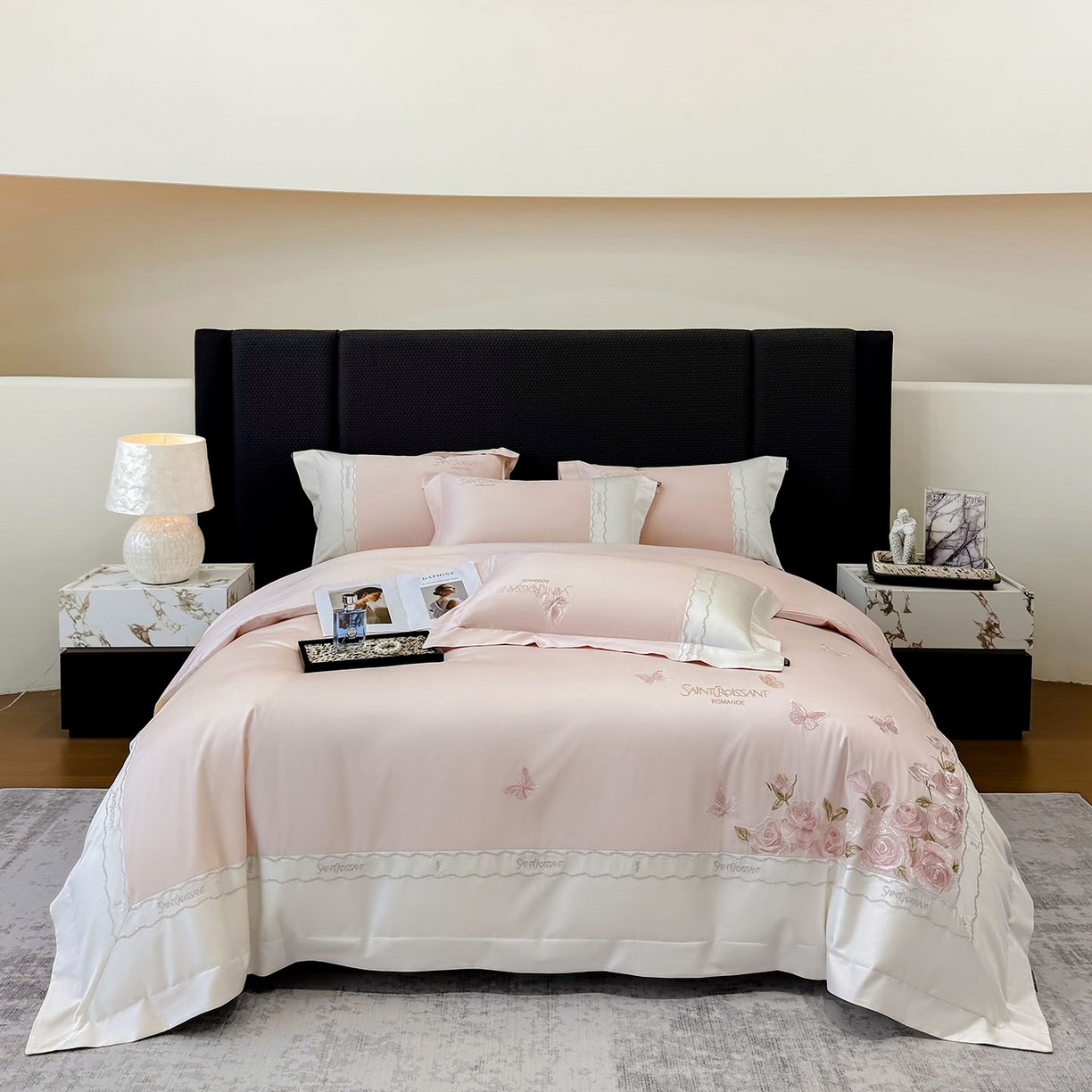 91家纺网 家纺一手货源 找家纺 2026爆款新品A类50S双股长绒棉纯棉四件套100全棉重工花卉刺绣被套床单床笠小清新床上用品溪畔玫瑰 溪畔玫瑰-颜粉