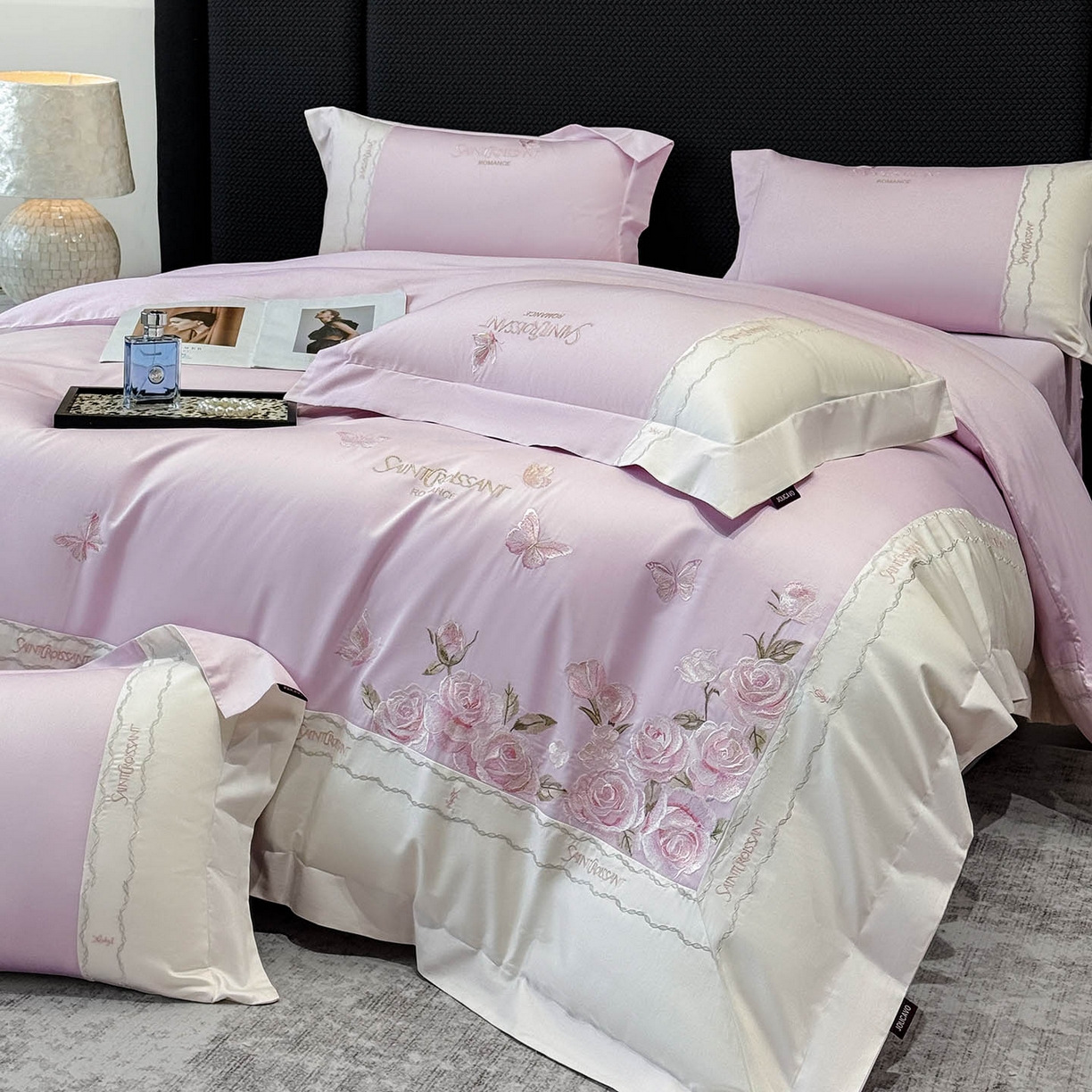 91家纺网 家纺一手货源 找家纺 2026爆款新品A类50S双股长绒棉纯棉四件套100全棉重工花卉刺绣被套床单床笠小清新床上用品溪畔玫瑰 溪畔玫瑰-黛紫