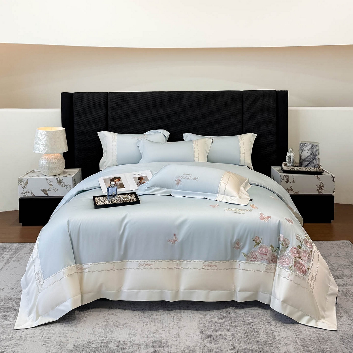 91家纺网 家纺一手货源 找家纺 2026爆款新品A类50S双股长绒棉纯棉四件套100全棉重工花卉刺绣被套床单床笠小清新床上用品溪畔玫瑰 溪畔玫瑰-慕蓝