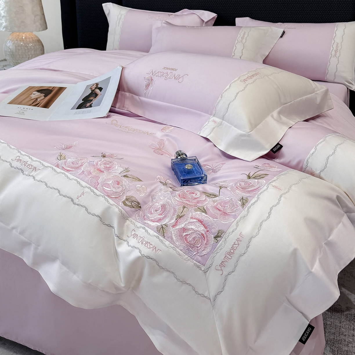 2026爆款新品A类50S双股长绒棉纯棉四件套100全棉重工花卉刺绣被套床单床笠小清新床上用品溪畔玫瑰 溪畔玫瑰-黛紫