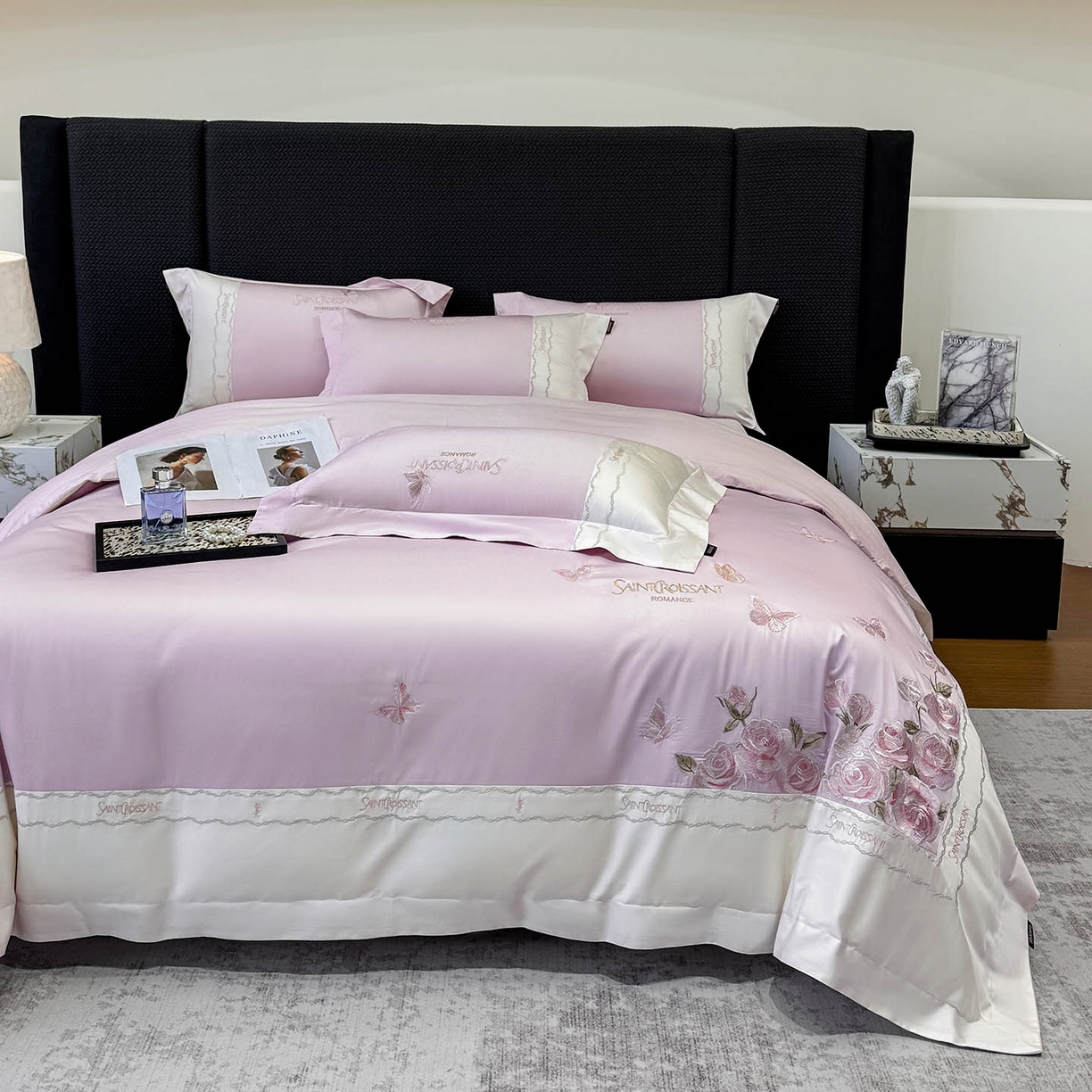 91家纺网 家纺一手货源 找家纺 2026爆款新品A类50S双股长绒棉纯棉四件套100全棉重工花卉刺绣被套床单床笠小清新床上用品溪畔玫瑰 溪畔玫瑰-黛紫