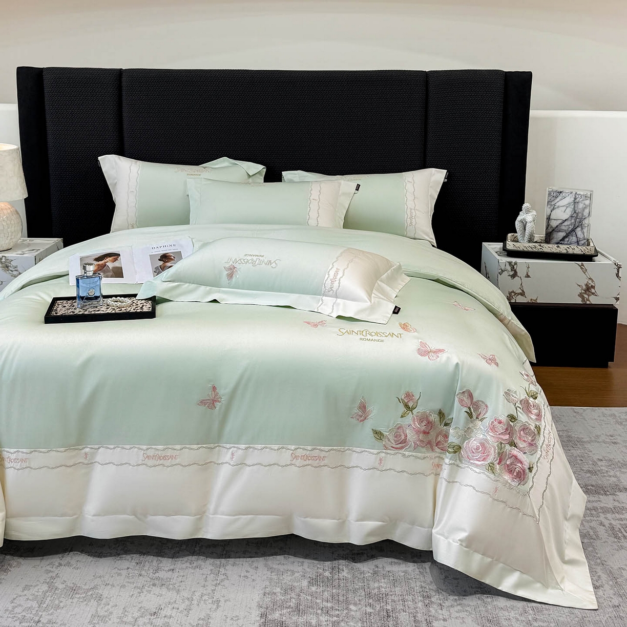 91家纺网 家纺一手货源 找家纺 2026爆款新品A类50S双股长绒棉纯棉四件套100全棉重工花卉刺绣被套床单床笠小清新床上用品溪畔玫瑰 溪畔玫瑰-茶绿