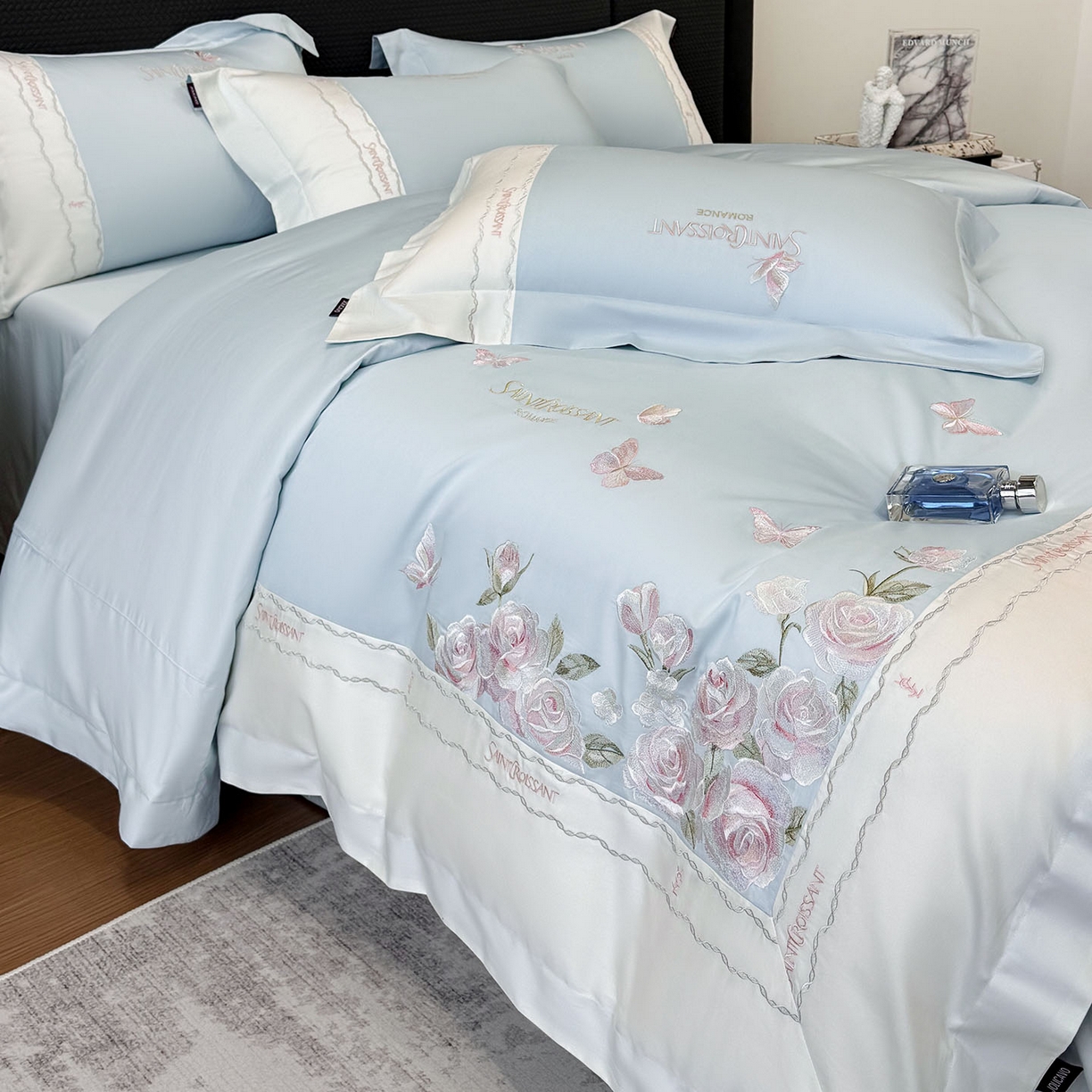 91家纺网 家纺一手货源 找家纺 2026爆款新品A类50S双股长绒棉纯棉四件套100全棉重工花卉刺绣被套床单床笠小清新床上用品溪畔玫瑰 溪畔玫瑰-慕蓝