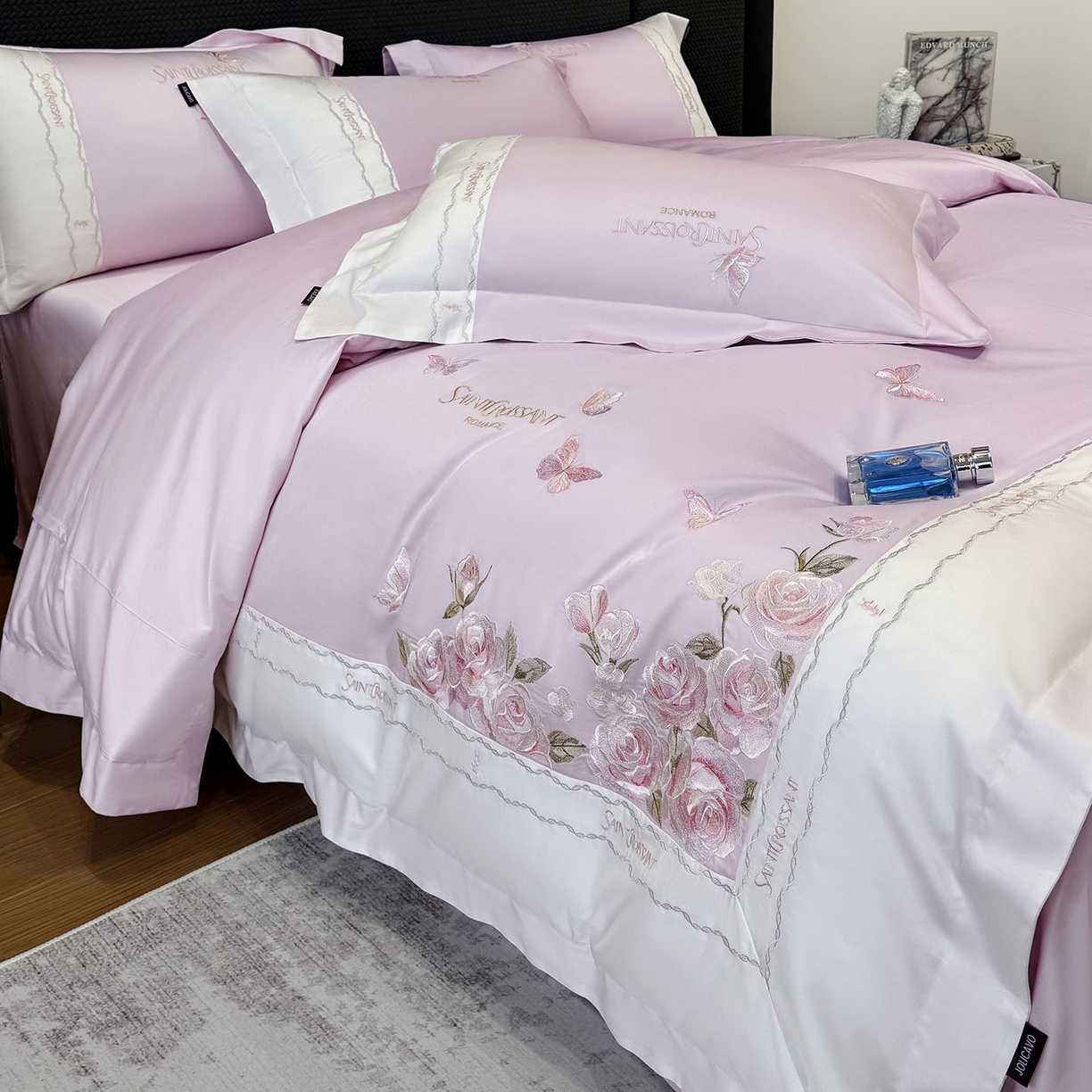 91家纺网 家纺一手货源 找家纺 2026爆款新品A类50S双股长绒棉纯棉四件套100全棉重工花卉刺绣被套床单床笠小清新床上用品溪畔玫瑰 溪畔玫瑰-黛紫