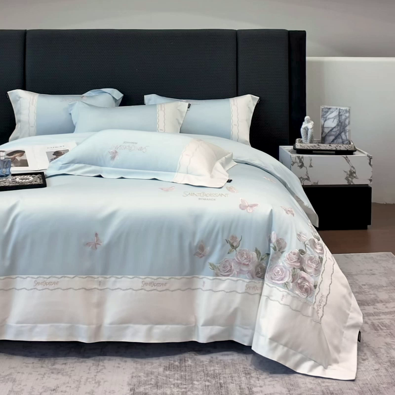 91家纺网 家纺一手货源 找家纺 2026爆款新品A类50S双股长绒棉纯棉四件套100全棉重工花卉刺绣被套床单床笠小清新床上用品溪畔玫瑰 溪畔玫瑰-慕蓝