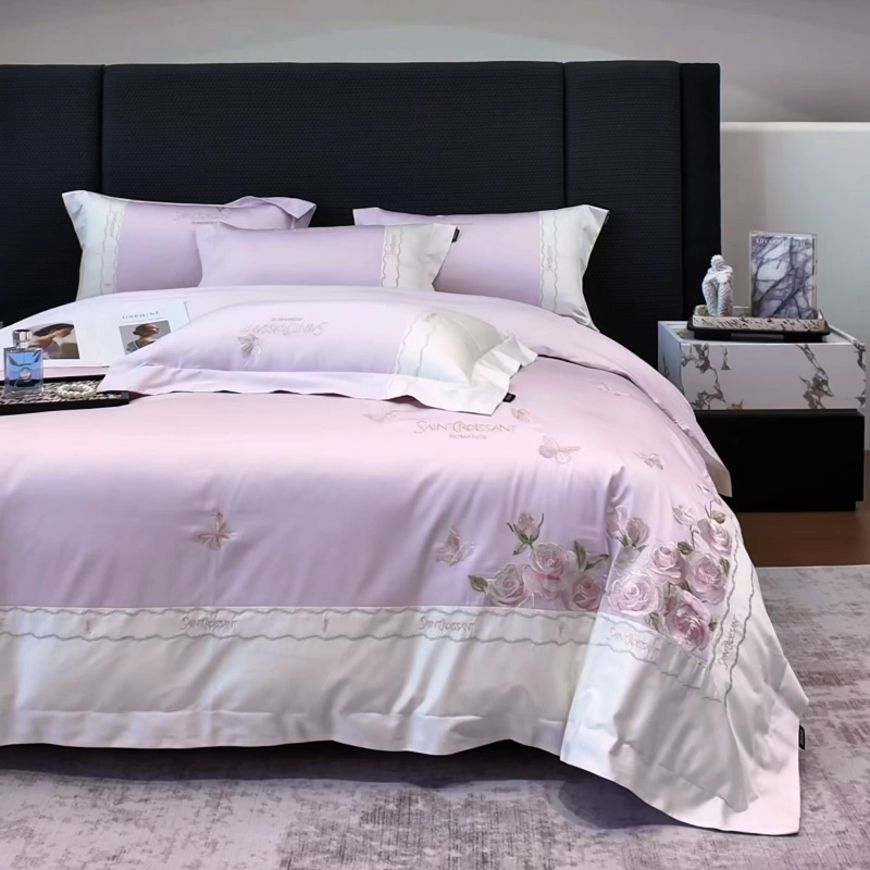 91家纺网 家纺一手货源 找家纺 2026爆款新品A类50S双股长绒棉纯棉四件套100全棉重工花卉刺绣被套床单床笠小清新床上用品溪畔玫瑰 溪畔玫瑰-黛紫
