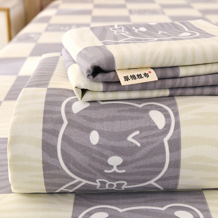 2026新款细纱老粗布床单床笠凉席席子三件套 莫兰迪熊