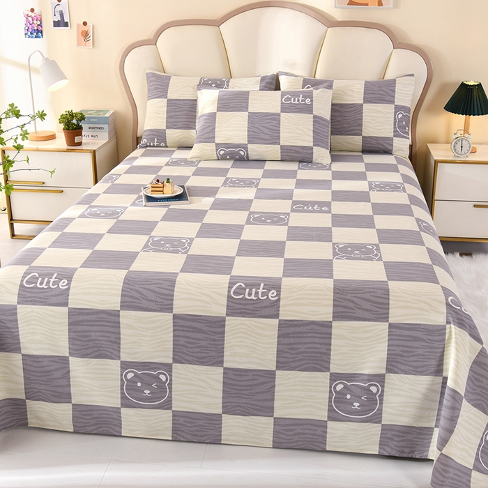 91家纺网 家纺一手货源 找家纺 2026新款细纱老粗布床单床笠凉席席子三件套 莫兰迪熊