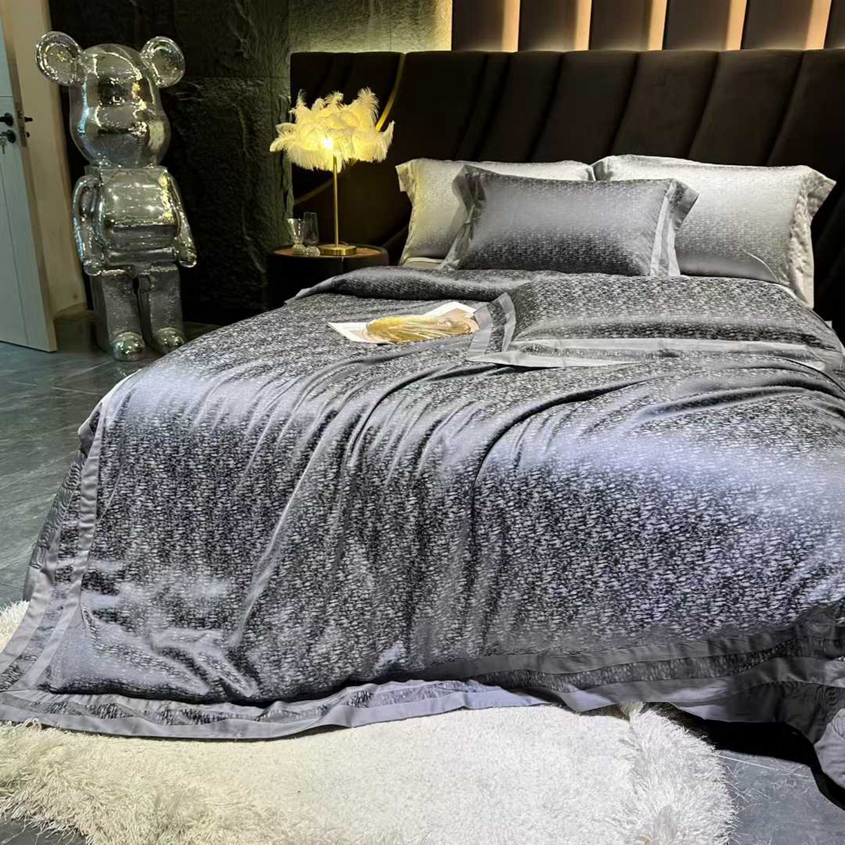 91家纺网 家纺一手货源 找家纺 edra 2026新款真丝天丝轻奢提花床盖款四件套-魅 魅-深灰