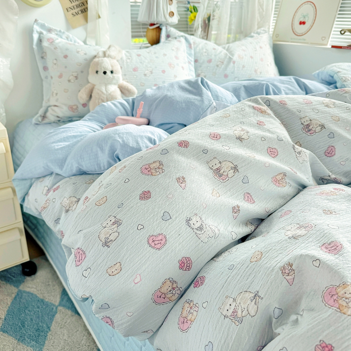 91家纺网 家纺一手货源 找家纺 （总）麦朵家居 2026新款双层皱皱纱仿棉床盖款四件套水洗棉小清新三件套