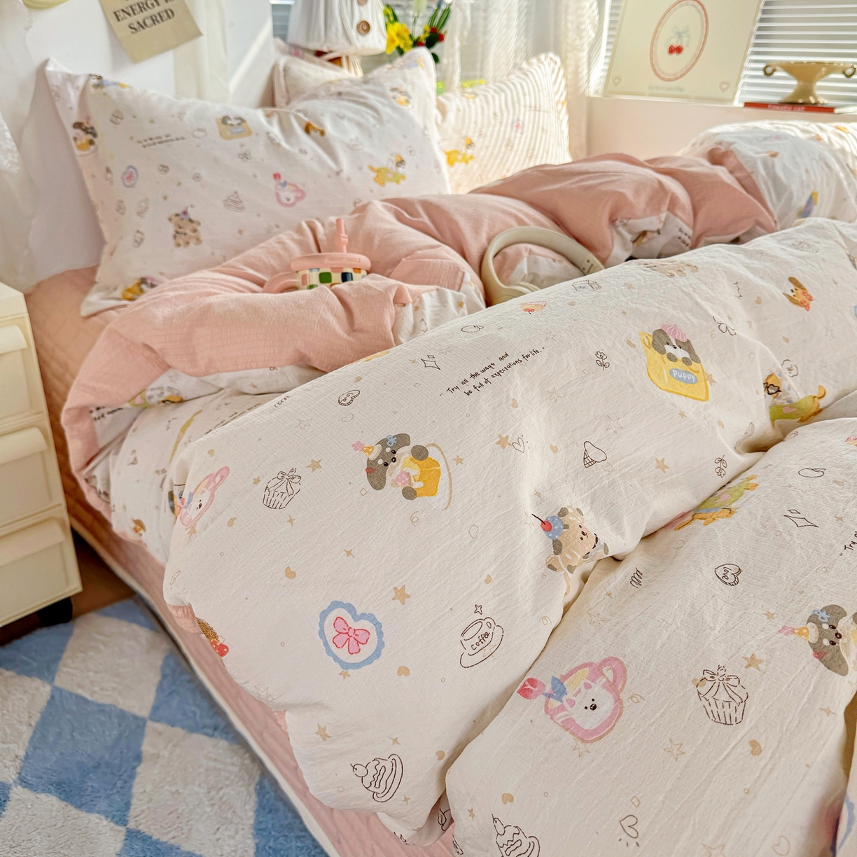 91家纺网 家纺一手货源 找家纺 （总）麦朵家居 2026新款双层皱皱纱仿棉床盖款四件套水洗棉小清新三件套