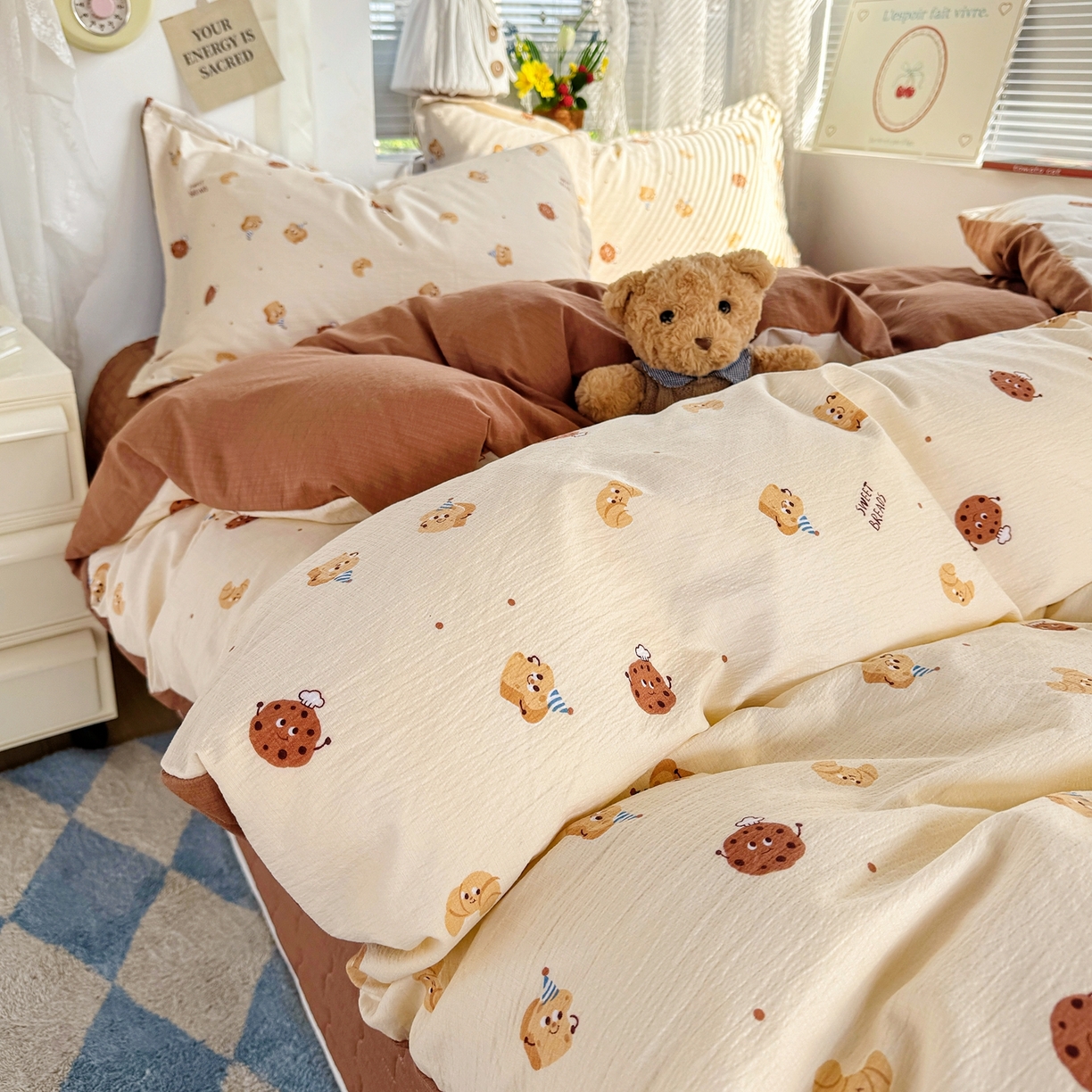 91家纺网 家纺一手货源 找家纺 （总）麦朵家居 2026新款双层皱皱纱仿棉床盖款四件套水洗棉小清新三件套