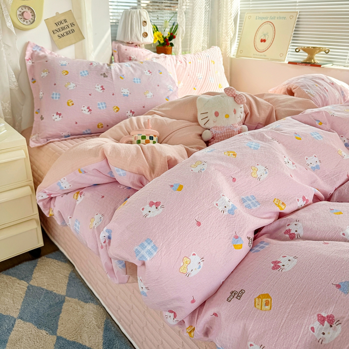 91家纺网 家纺一手货源 找家纺 （总）麦朵家居 2026新款双层皱皱纱仿棉床盖款四件套水洗棉小清新三件套