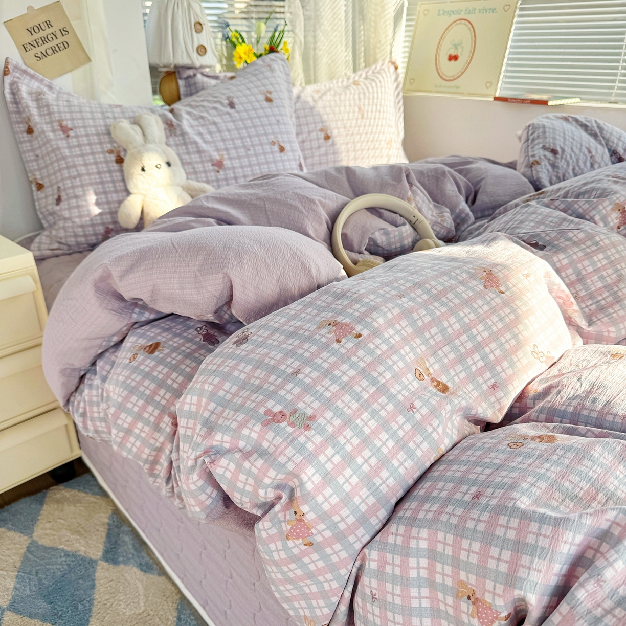 91家纺网 家纺一手货源 找家纺 （总）麦朵家居 2026新款双层皱皱纱仿棉床盖款四件套水洗棉小清新三件套