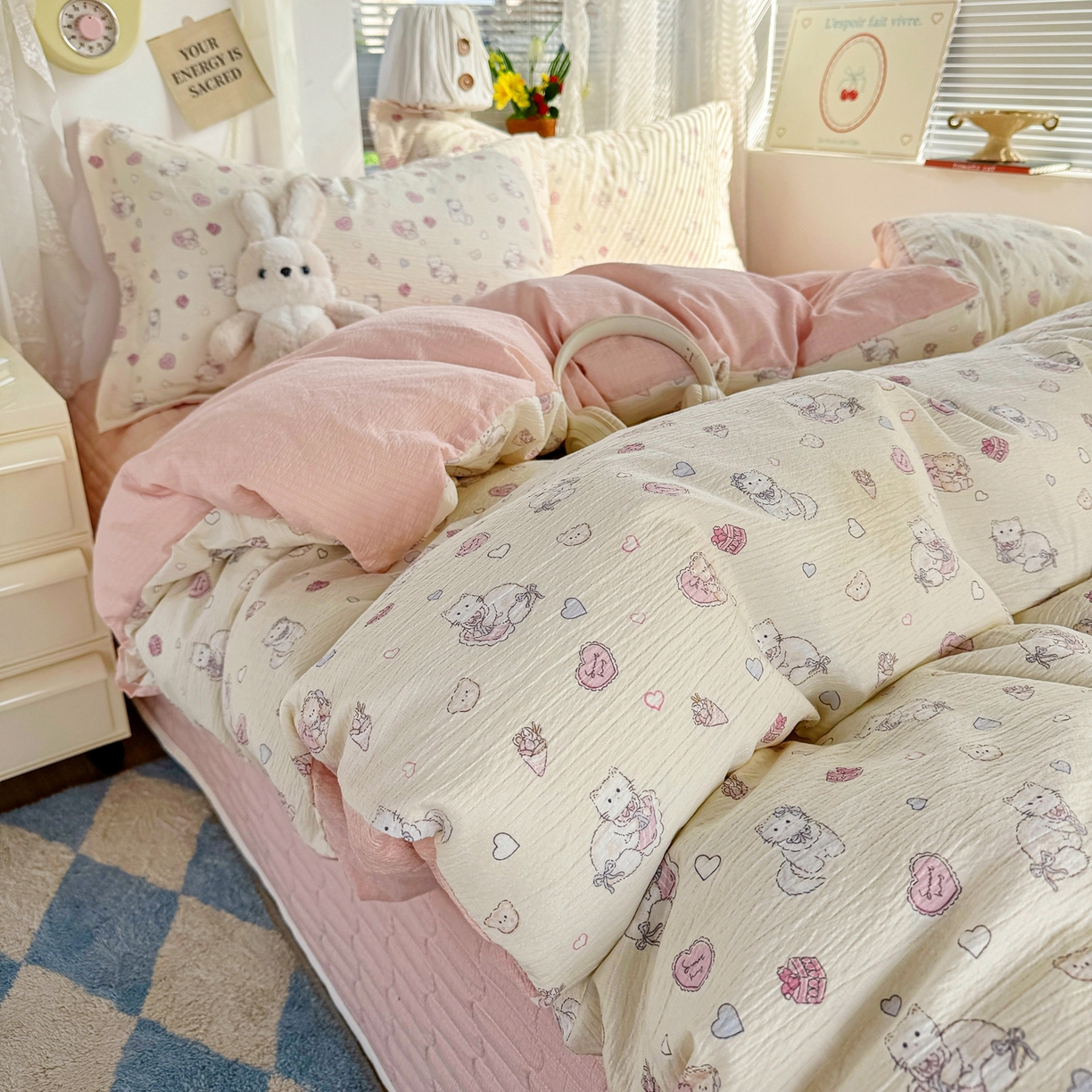 麦朵家居 2026新款双层皱皱纱仿棉床盖款四件套水洗棉小清新三件套 泡芙猫咪-粉