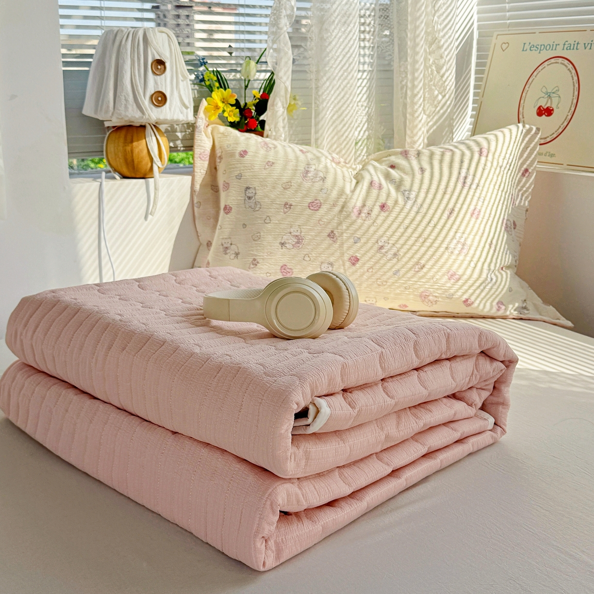 91家纺网 家纺一手货源 找家纺 麦朵家居 2026新款双层皱皱纱仿棉床盖款四件套水洗棉小清新三件套 泡芙猫咪-粉