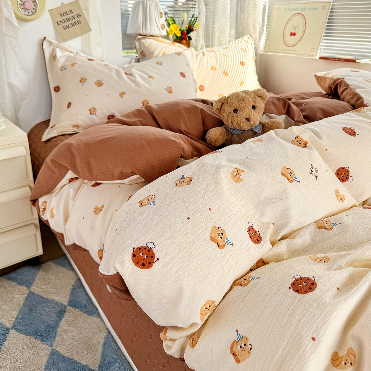 91家纺网 家纺一手货源 找家纺 麦朵家居 2026新款双层皱皱纱仿棉床盖款四件套水洗棉小清新三件套 曲奇芝士