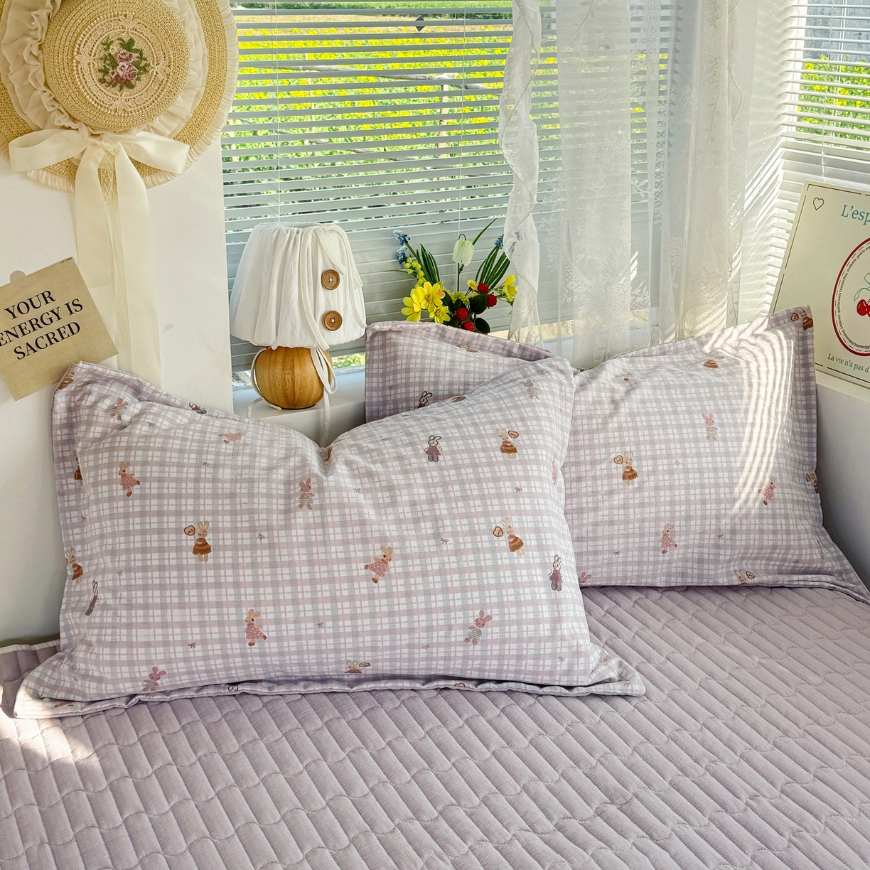 91家纺网 家纺一手货源 找家纺 麦朵家居 2026新款双层皱皱纱仿棉床盖款四件套水洗棉小清新三件套 香芋小兔