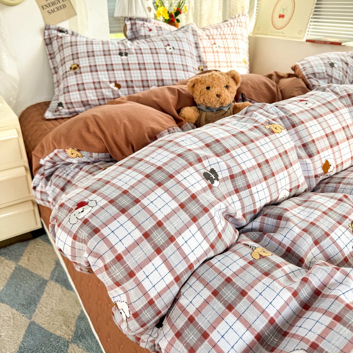 麦朵家居 2026新款双层皱皱纱仿棉床盖款四件套水洗棉小清新三件套 线条小狗