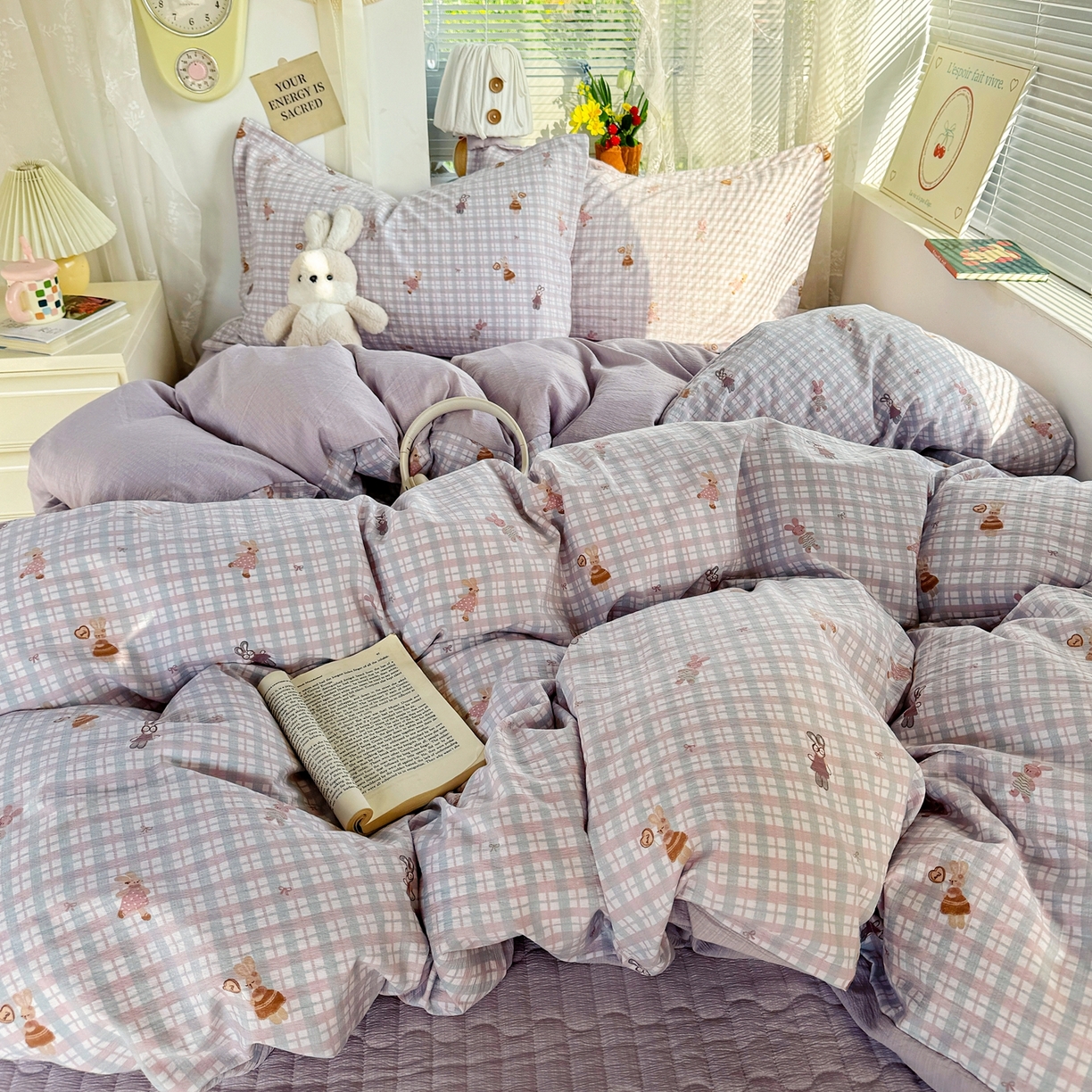 91家纺网 家纺一手货源 找家纺 麦朵家居 2026新款双层皱皱纱仿棉床盖款四件套水洗棉小清新三件套 香芋小兔