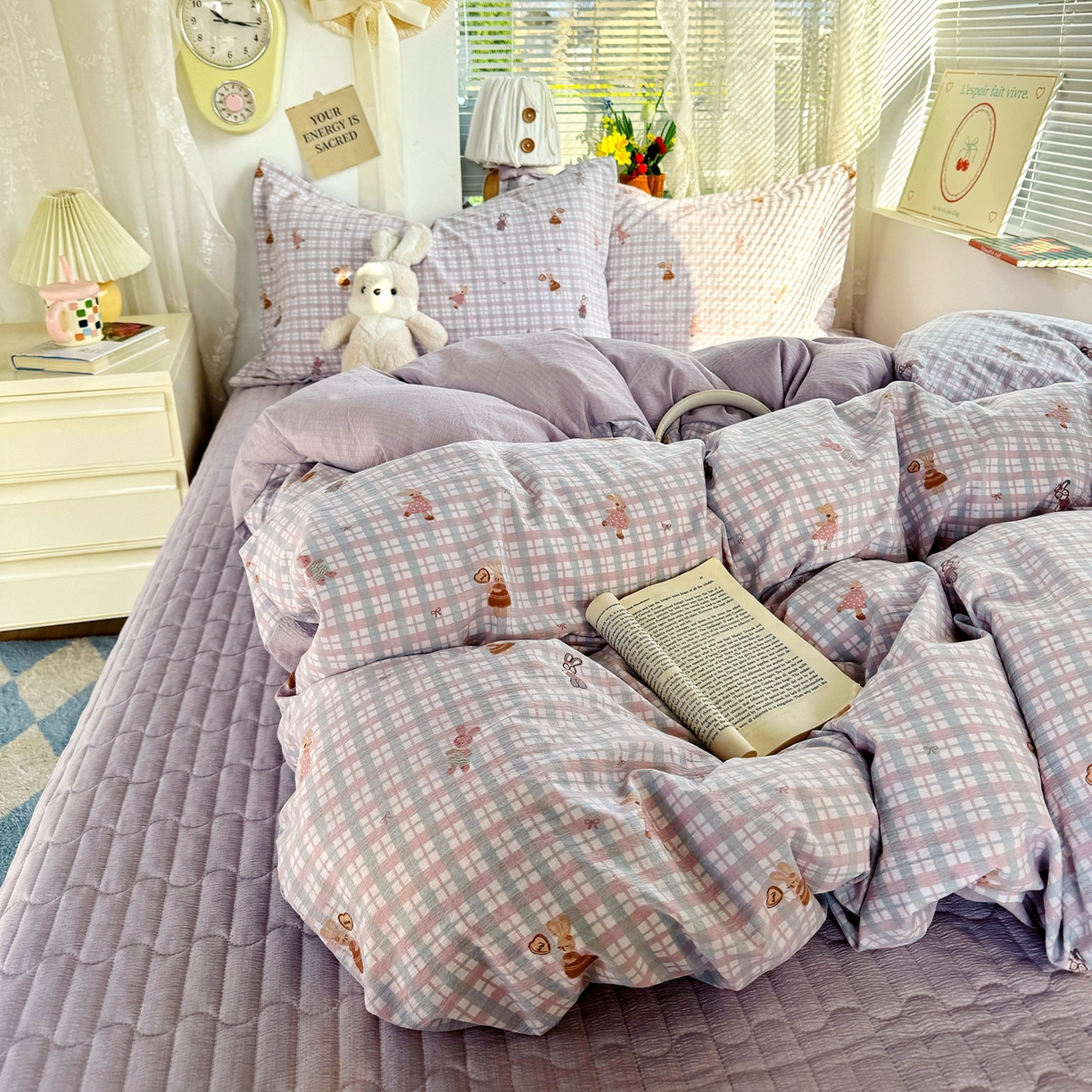 91家纺网 家纺一手货源 找家纺 麦朵家居 2026新款双层皱皱纱仿棉床盖款四件套水洗棉小清新三件套 香芋小兔