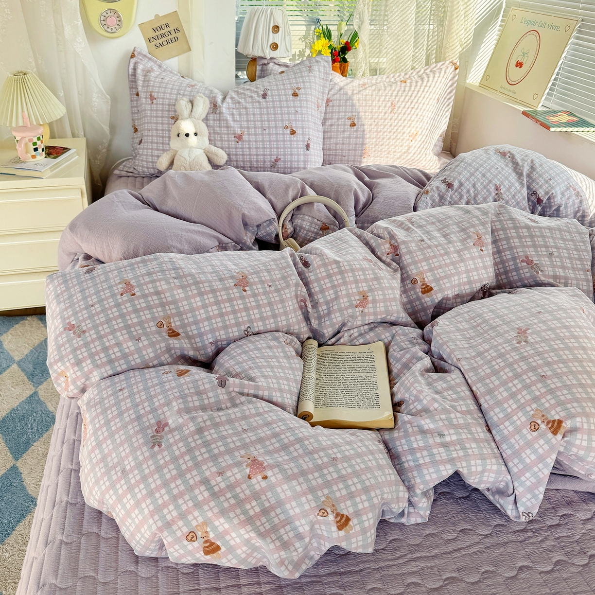 91家纺网 家纺一手货源 找家纺 麦朵家居 2026新款双层皱皱纱仿棉床盖款四件套水洗棉小清新三件套 香芋小兔