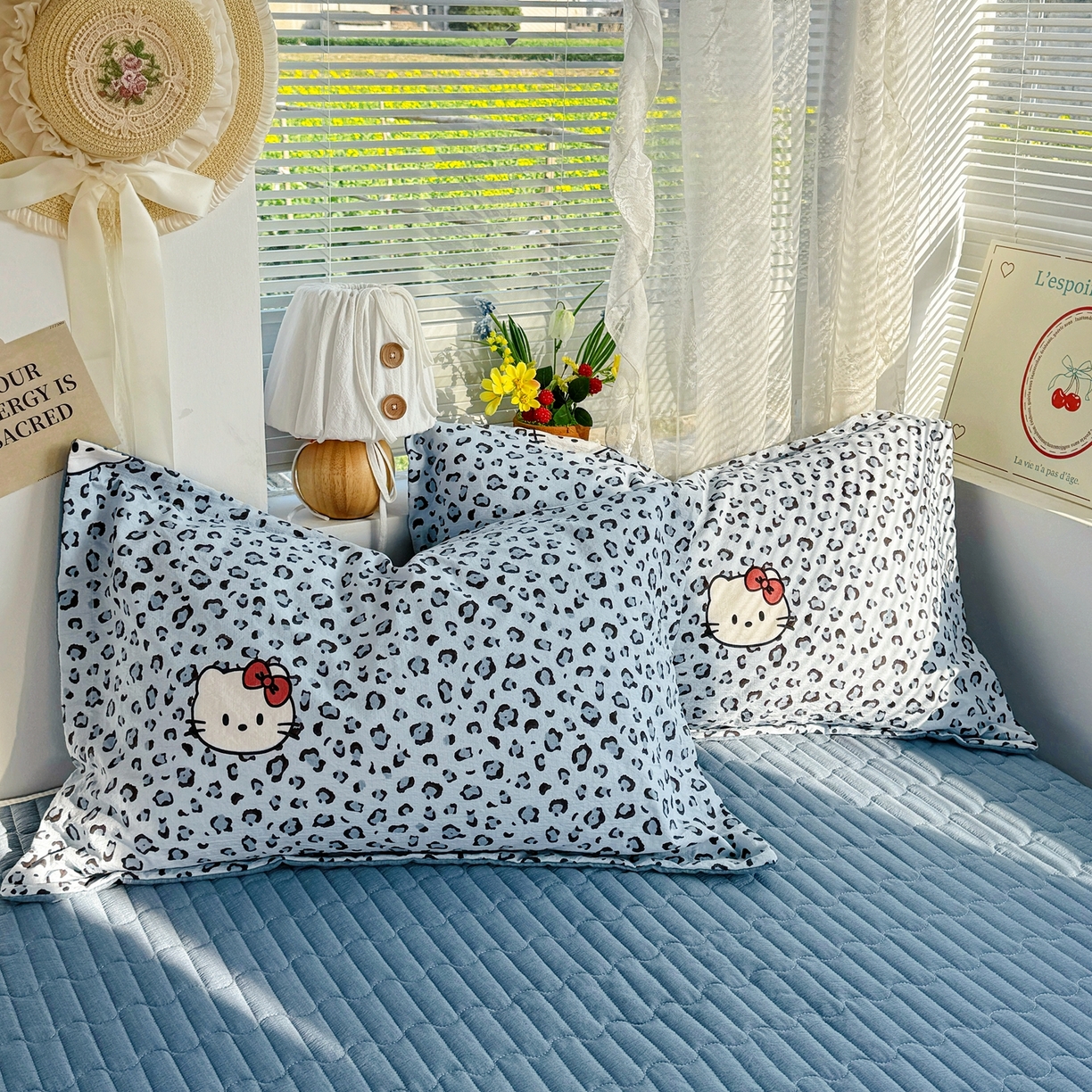 91家纺网 家纺一手货源 找家纺 麦朵家居 2026新款双层皱皱纱仿棉床盖款四件套水洗棉小清新三件套 豹纹猫咪