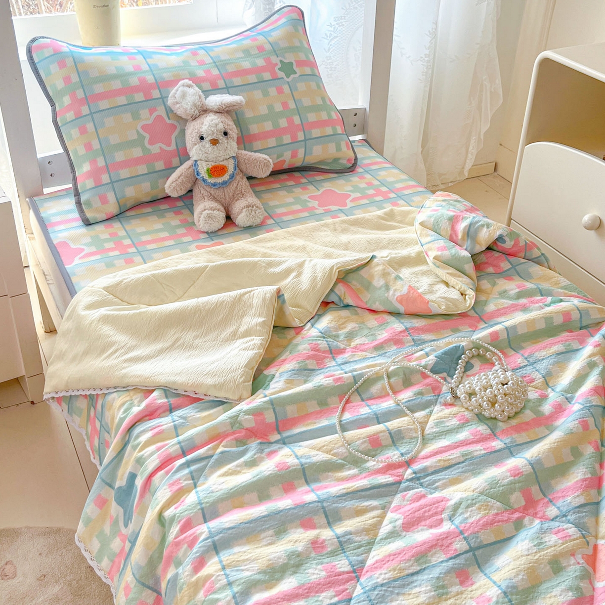 川悦生活 2026新款凉感冰丝席小阪凉感冰丝数码印花席学生床 席杏仁小星星