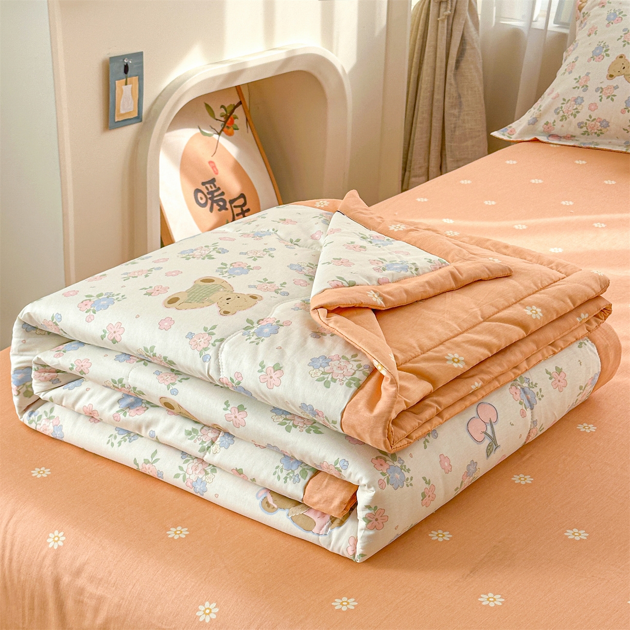 91家纺网 家纺一手货源 找家纺 易博家纺 2026新款小清新款里外全棉纯棉夏被夏凉被空调被 花眠小熊