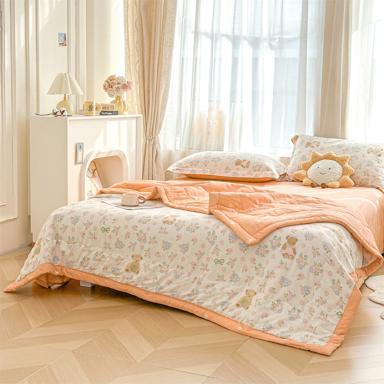 91家纺网 家纺一手货源 找家纺 易博家纺 2026新款小清新款里外全棉纯棉夏被夏凉被空调被 花眠小熊