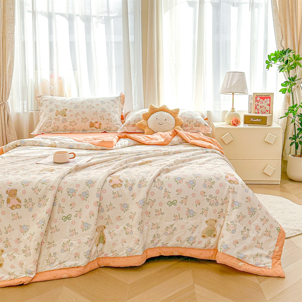 91家纺网 家纺一手货源 找家纺 易博家纺 2026新款小清新款里外全棉纯棉夏被夏凉被空调被 花眠小熊