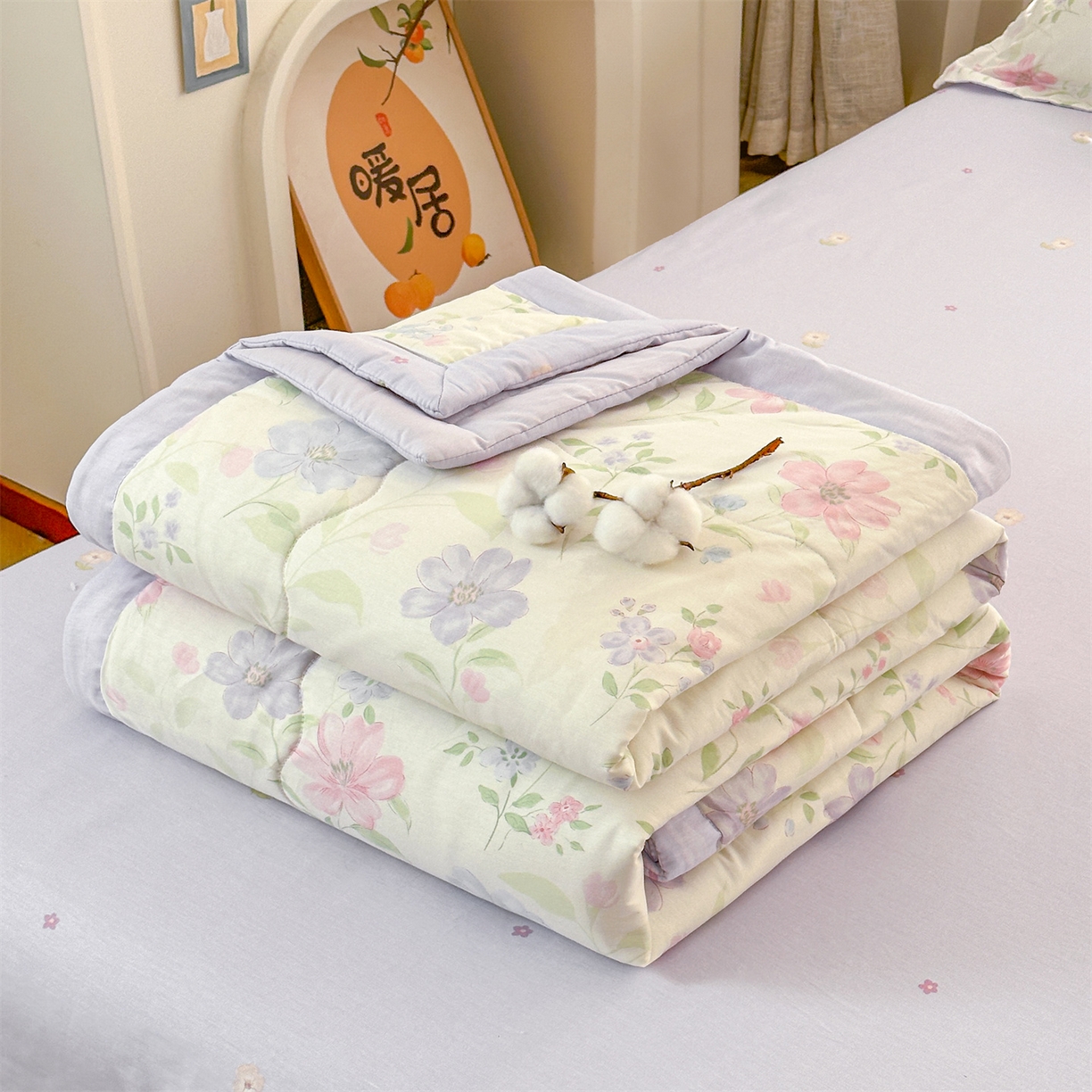 91家纺网 家纺一手货源 找家纺 易博家纺 2026新款小清新款里外全棉纯棉夏被夏凉被空调被 清风花韵